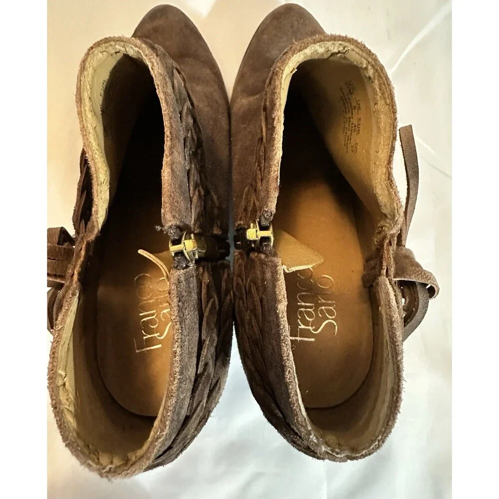 Franco Sarto Brown Suede Wedge Booties Braided Tassel Boho Womens 10